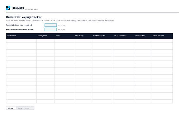 First page of the Driver CPC expiry tracker spreadsheet