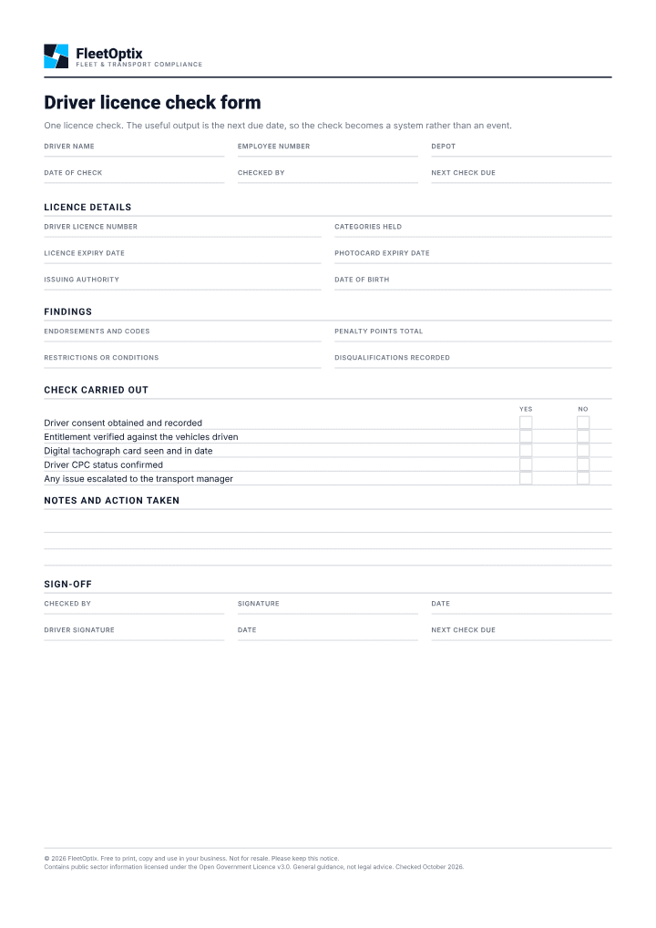 First page of the Driver licence check form PDF