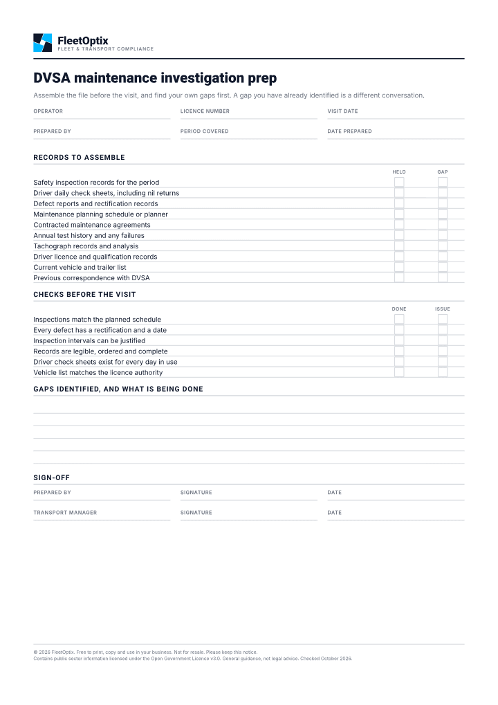 First page of the DVSA maintenance investigation prep PDF