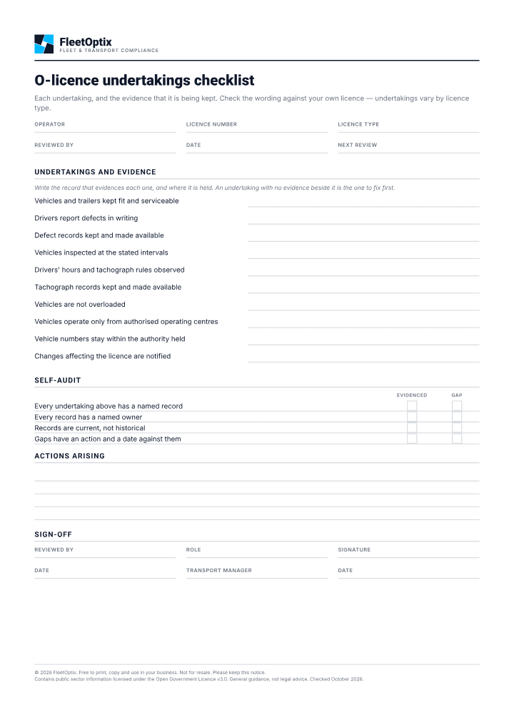 First page of the O-licence undertakings checklist PDF