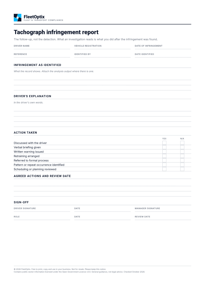 First page of the Tachograph infringement report PDF