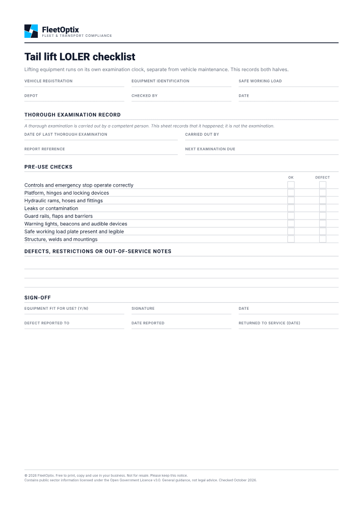 First page of the Tail lift LOLER checklist PDF