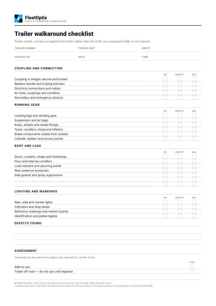 First page of the Trailer walkaround checklist PDF