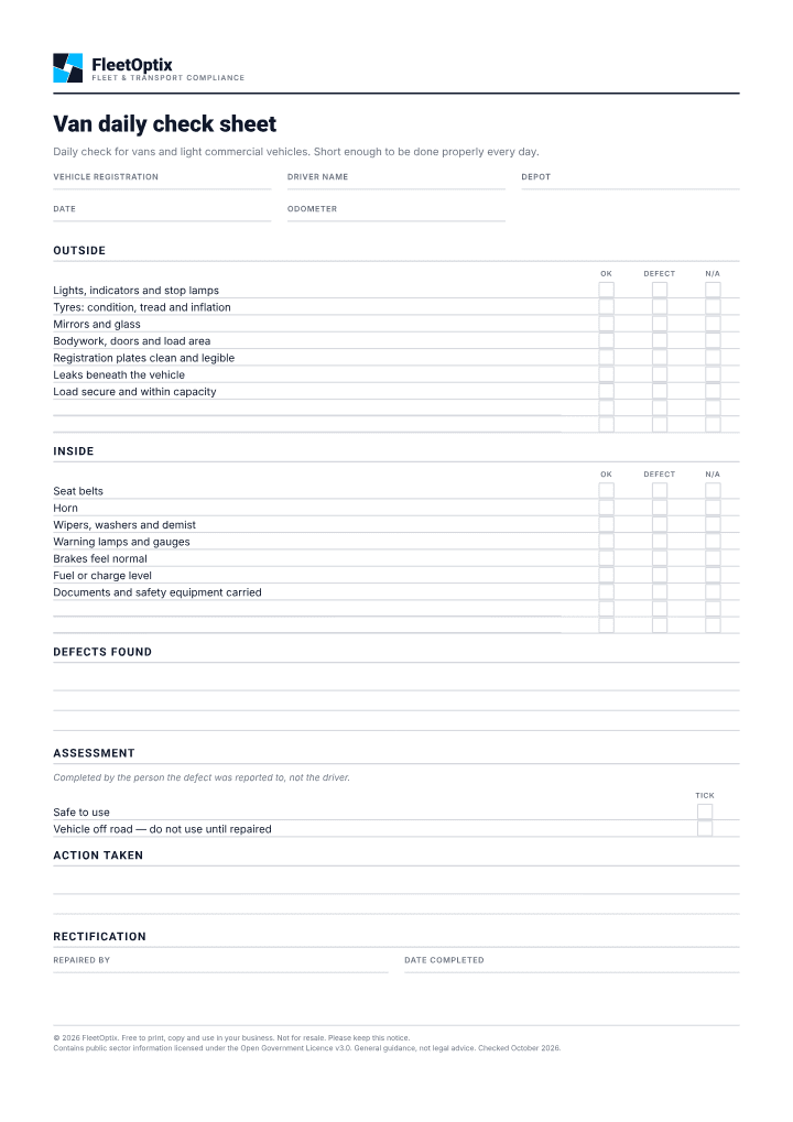 First page of the Van daily check sheet PDF