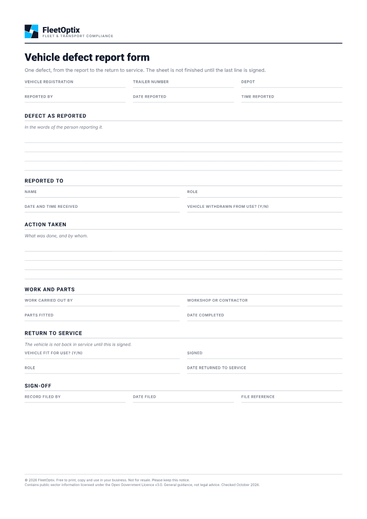 First page of the Vehicle defect report form PDF