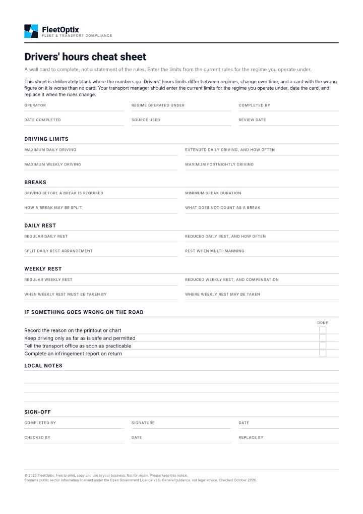 First page of the Drivers' hours cheat sheet PDF