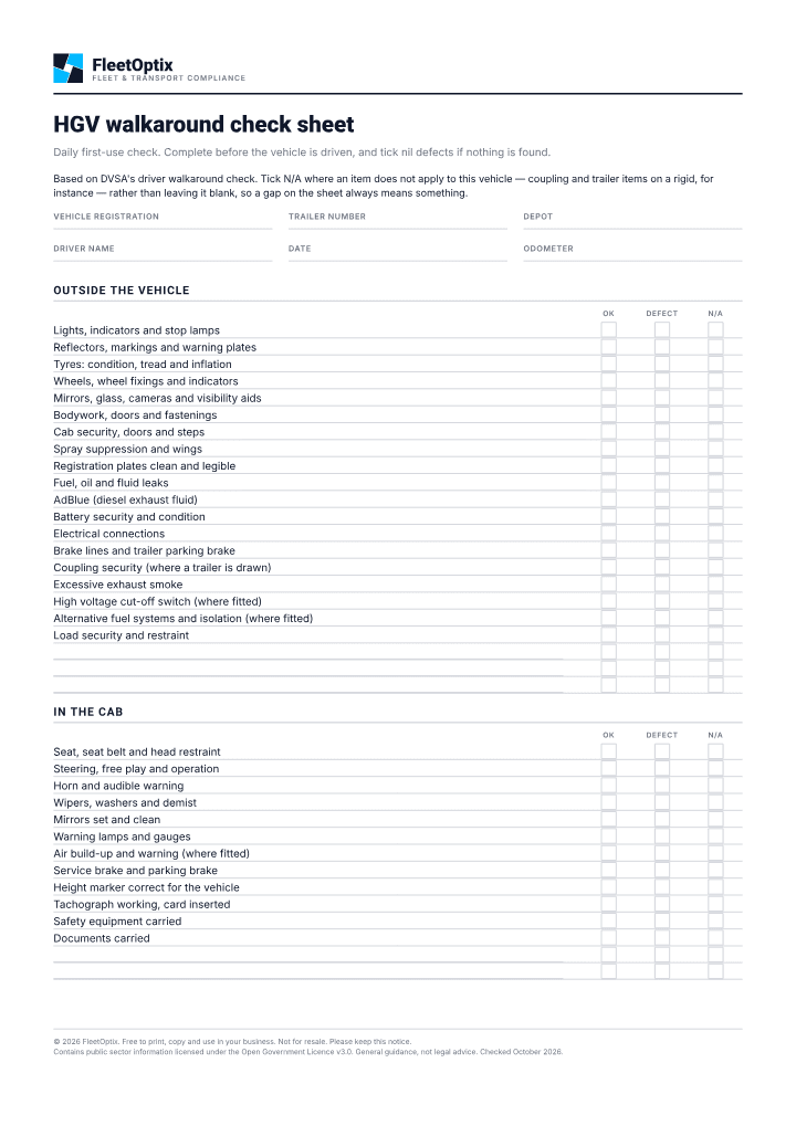 First page of the HGV walkaround check sheet PDF