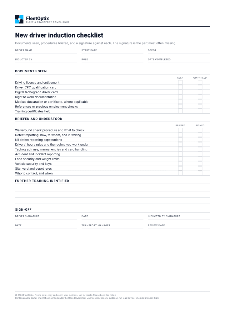 First page of the New driver induction checklist PDF