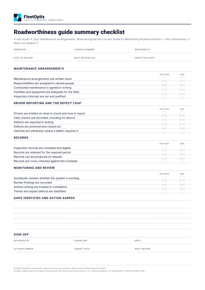 First page of the Roadworthiness guide summary checklist PDF